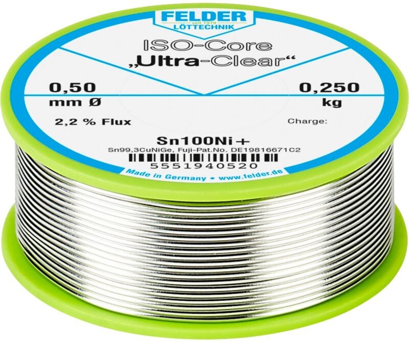 Felder Löttechnik - Felder ISO-Core 'Ultra-Clear' Sn100Ni+ Lötzinn, bleifrei Spule Sn99,25Cu0,7Ni0,05 0.250 kg 0.5 mm