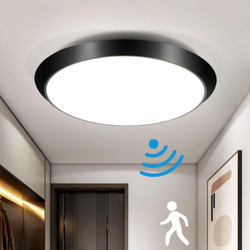 Led Deckenleuchte mit Bewegungsmelder Schwarz IP44 Φ30cm Rund Deckenlampe 15W Neutralweiß für Badezimmer Balkon Wohnzimm...