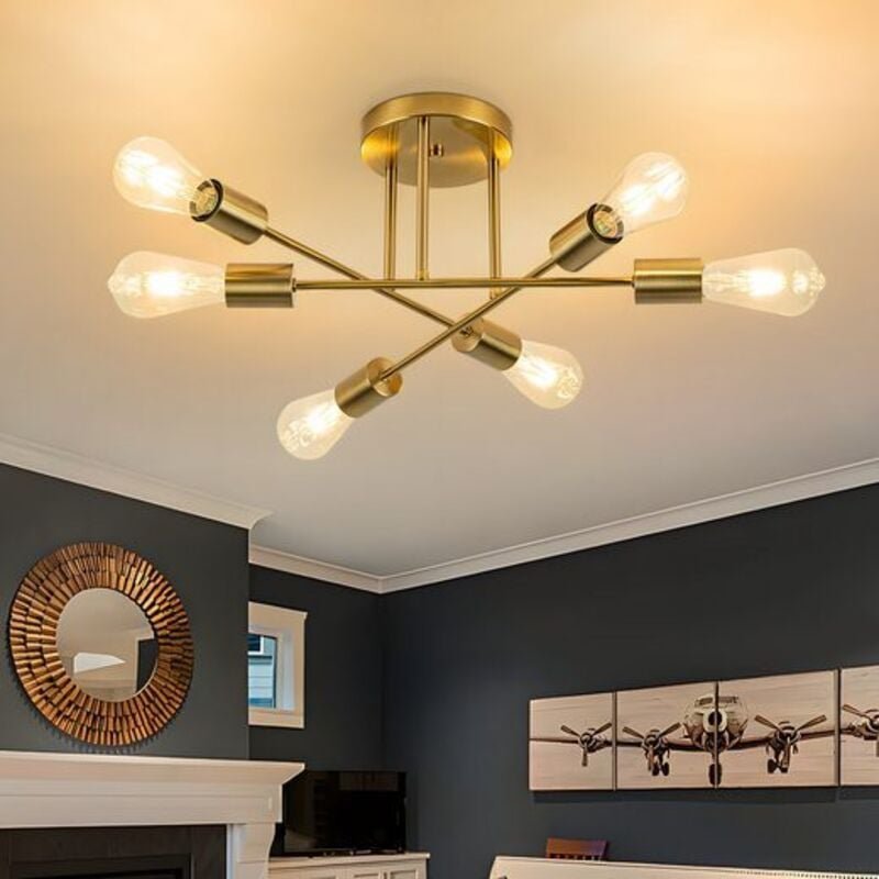 GBLY Vintage Deckenleuchte 6-flammig E27 Flurlampe Industriel-Küchenlampe Retro-Gold Metall Schlafzimmerlampe für Schlaf...