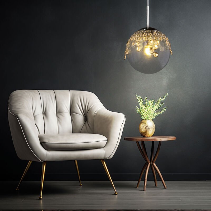 Pendelleuchte Hängelampe Kugelleuchte Innen Beleuchtung Gas klar, Metall, chrom, k Kristalle, 1x E27 Fassung, DxH 20x150...