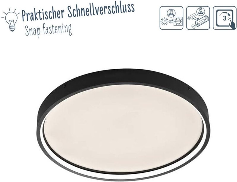 Deckenleuchte Deckenlampe Schlafzimmerleuchte, 3 Stufen Dimmer, schwarzer Rahmen, Metall, rund, 1x LED 27,5 W 2400 lm 30...