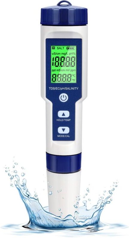 Elektronisches pH-Messgerät, 5-in-1-Poolwasser-Testgerät mit Hintergrundbeleuchtung, pH/TDS/EC/Salzgehalt/Temperatur mit...