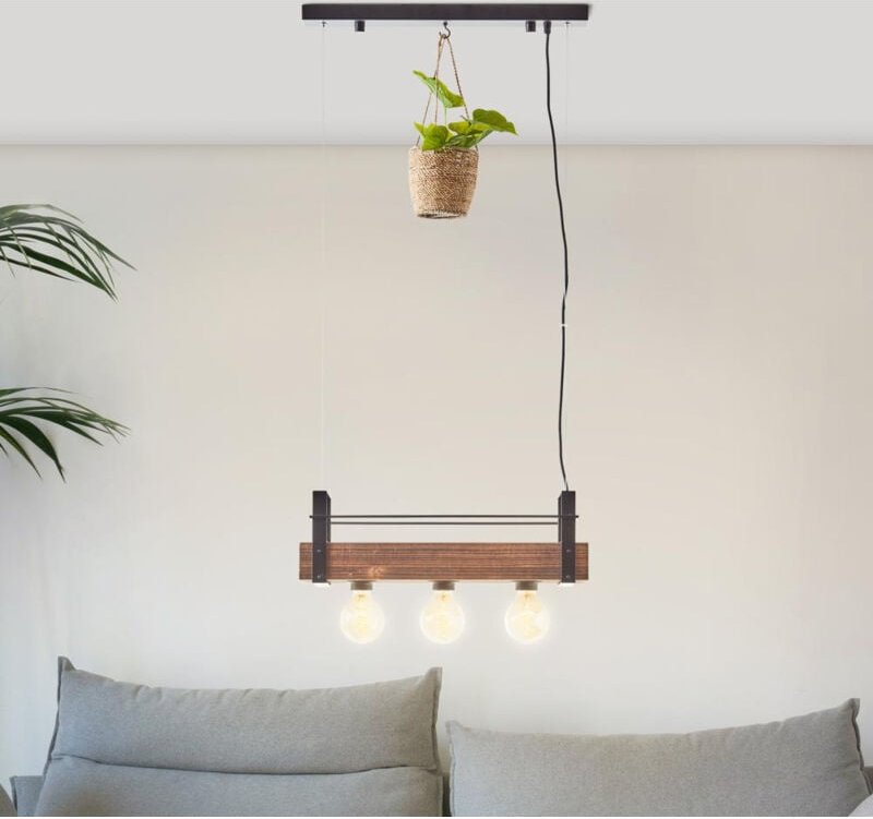 Lampe, Bankwood Pendelleuchte 3flg schwarz stahl/holz, 3x A60, E27, 28W, Holz aus nachhaltiger Waldwirtschaft (fsc) - Br...