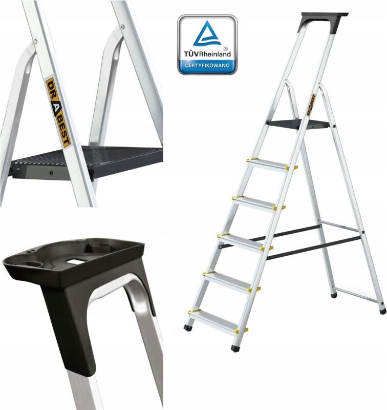 Aluminium-Haushaltsleiter mit Haken, 6 Stufen, Tragkraft 150 kg, DRABEST