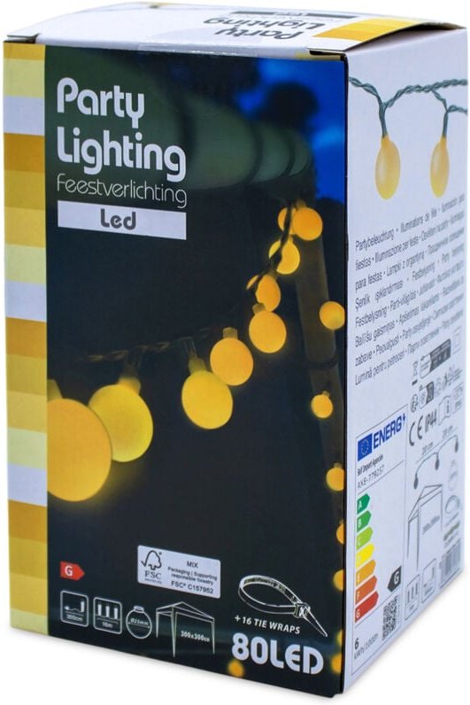 LED Party Lichterkette mit 80 Kugeln - warm weiß mit Netzteil - Festbeleuchtung mit ca. 16 m Länge - Pavillon Außen Part...