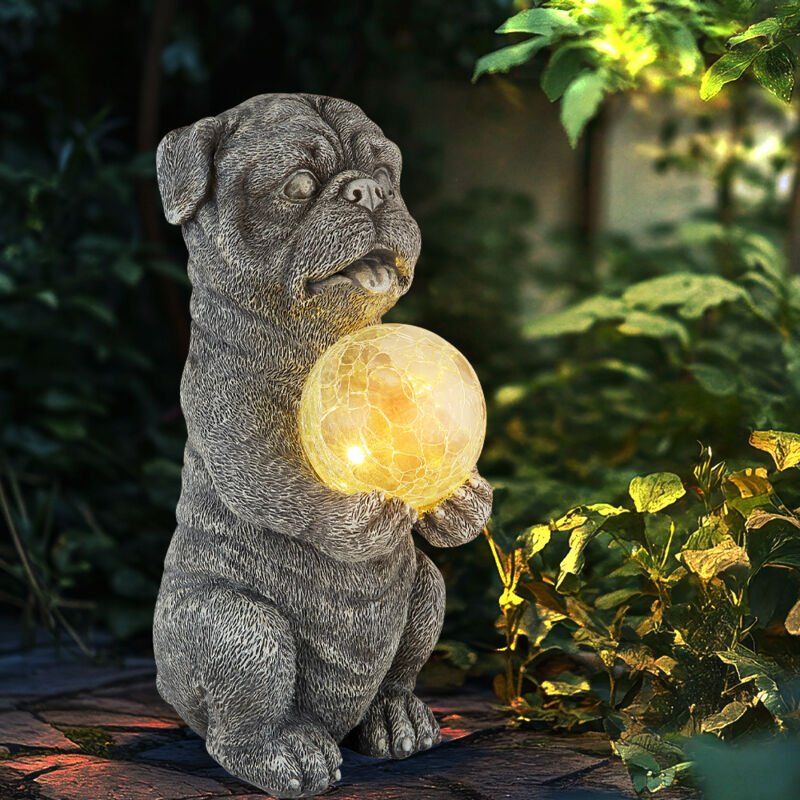 Thumbnail - Solarleuchte Hund Gartendeko Tierfigur grau Solarlampe Kugel Bruchglas Hund, led warmweiß, LxBxH 17,5x13x29 cm