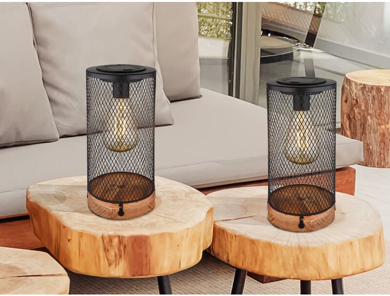 Meinewunschleuchte - Solar Tischleuchten 2er set Drahtgeflecht schwarz mit Holzsockel, Höhe 25,5cm