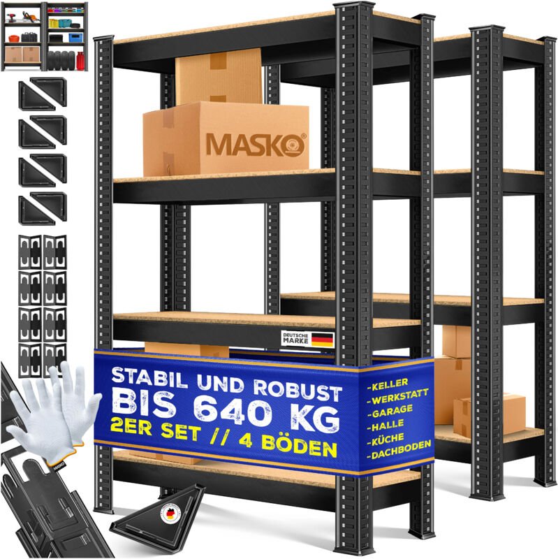 2er-Set Lagerregal, bis 875 kg belastbar, 4 oder 5 verstellbare Ablagen, MDF-Platten, Regal aus Metall, Schwarz-700kg / ...