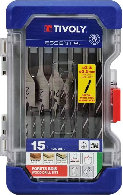 Schachtel mit 15 Stück – 9 3-Punkt-Holzbohrer ø 2 bis 10 mm + 6 flache Holzbohrer ø 14 bis 24 mm - Tivoly