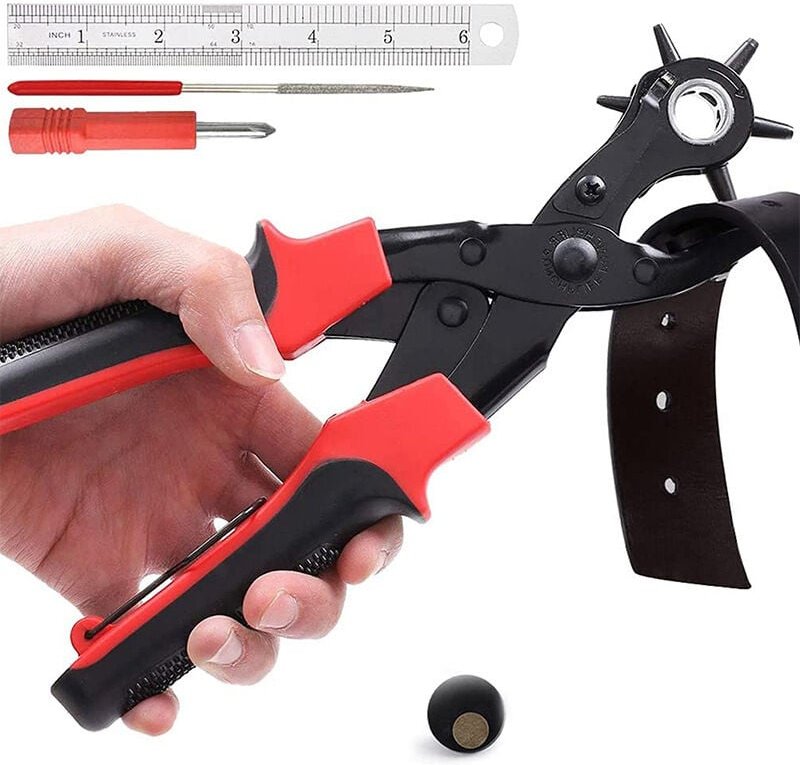 Lederlochzange - Revolverzange - 6 Größen (2 bis 4,5 mm), Manganstahl, verstellbar - Gürtel, Tasche, Uhrenarmband