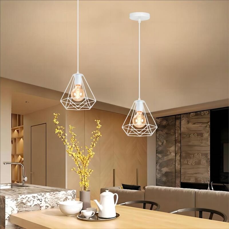 Pendelleuchte Hängelampe mit Käfig Ø20cm Diamant Lampen im Industri Stil für für Wohnzimmer Esszimmer Weiß 2PCS