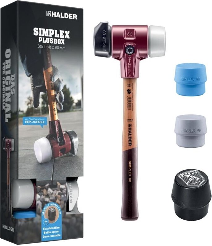 SIMPLEX-Plusbox Starterkit, SIMPLEX-Schonhammer D60, Gummikomposition mit Standfuß / Superplastik sowie je ein TPE-soft ...