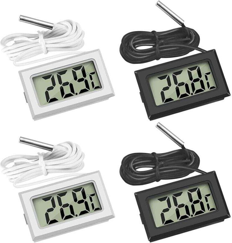 Mini-Digital-LCD-Thermometer mit Temperaturfühler für Kühlschränke, Gefrierschränke und Aquarien (2x Schwarz, 2x Weiß)