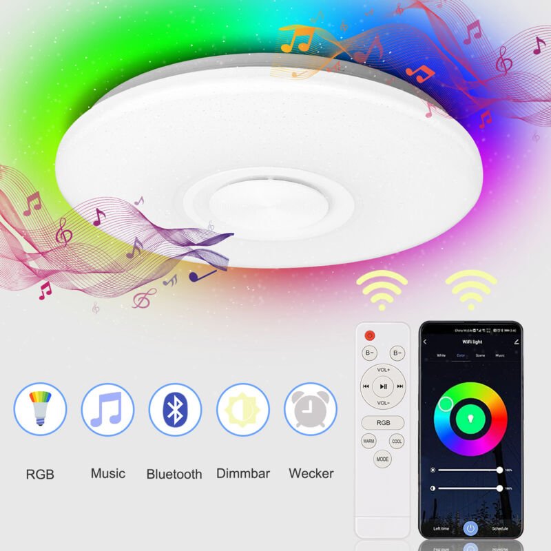 Wolketon Deckenleuchte LED Musik Deckenlampe 2500K-6500K Rund Dimmbar bluetooth Lautspreche mit Fernbedienung für Schlaf...