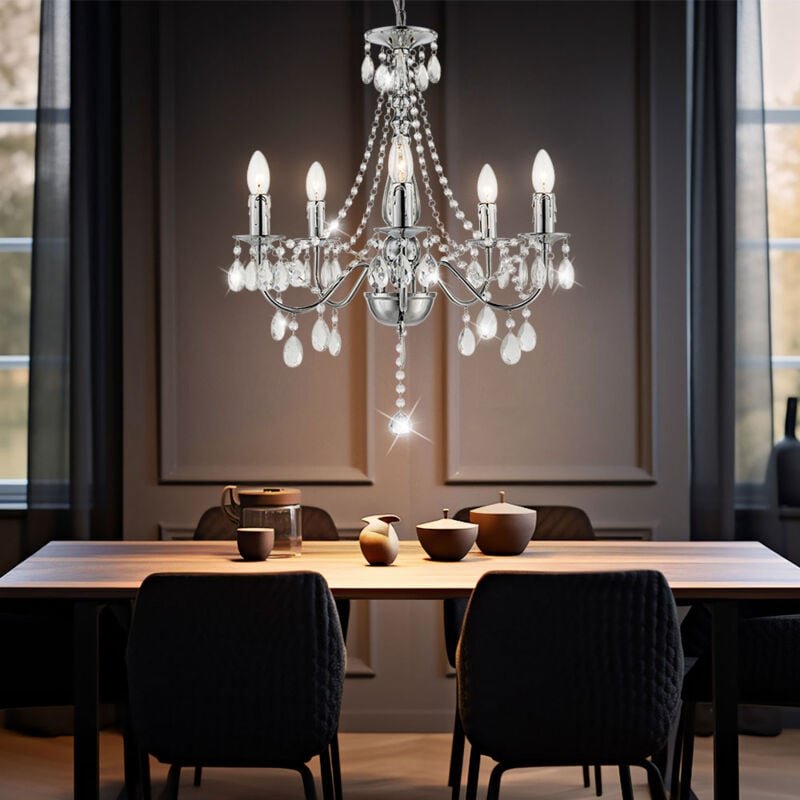 Thumbnail - Kronleuchter Hängelampe Pendelleuchte Wohnzimmerlampe Esszimmerleuchte, Metall chrom Kristalle, 5 Flammig E14, DxH 51x14...