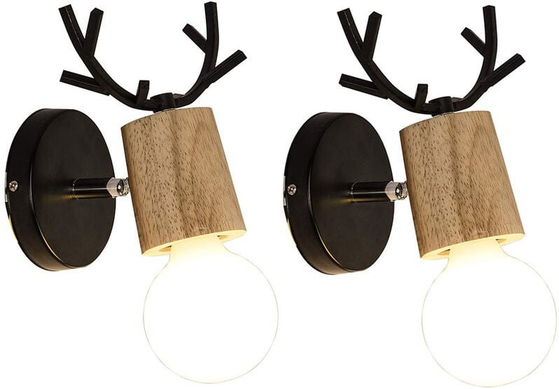 2er Wandleuchte Kreative, Moderne Geweih Form Wandlampe, Wandstrahler Licht aus Metall und Holz E27 Fassung für Schlafzi...