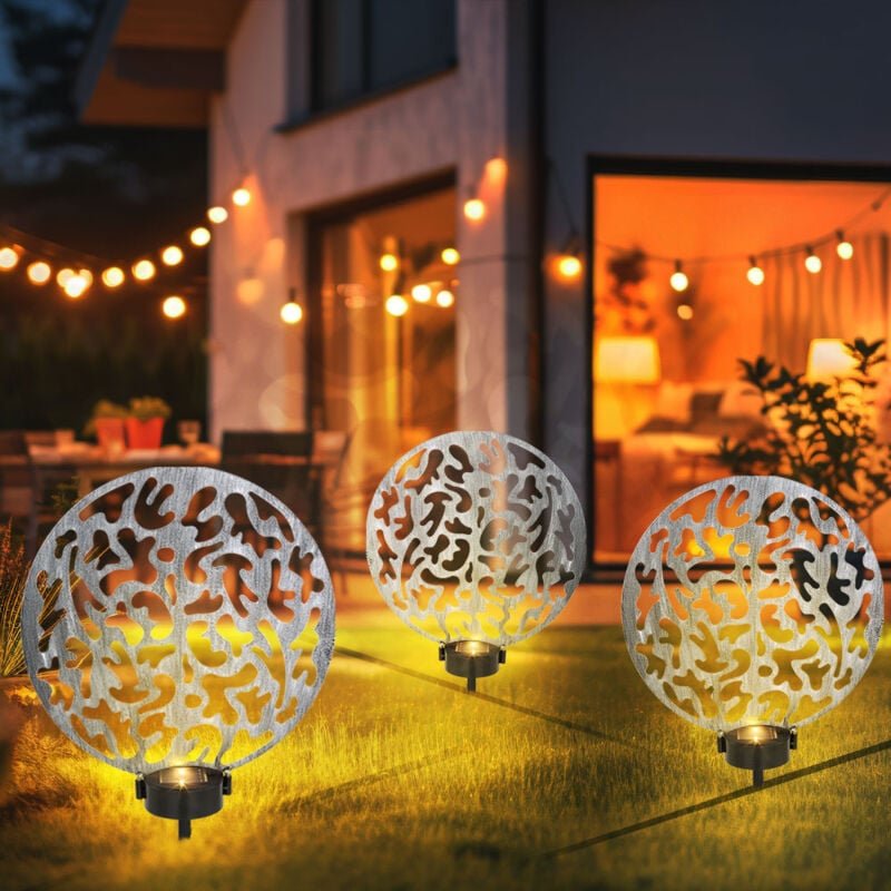 Solar Steckleuchte Solarlampe rund Außenlampe Gartendeko Erdspieß, Lichteffekt, Metall silber antik, 2x led warmweiß, Lx...