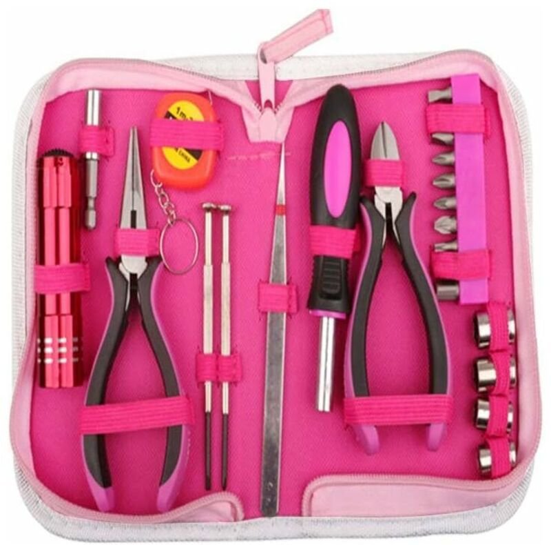 Sollbry - 23-teiliges rosafarbenes Werkzeugset für Damen mit rosa Nylon-Aufbewahrungskoffer für Heimwerker- und Heimbüro...