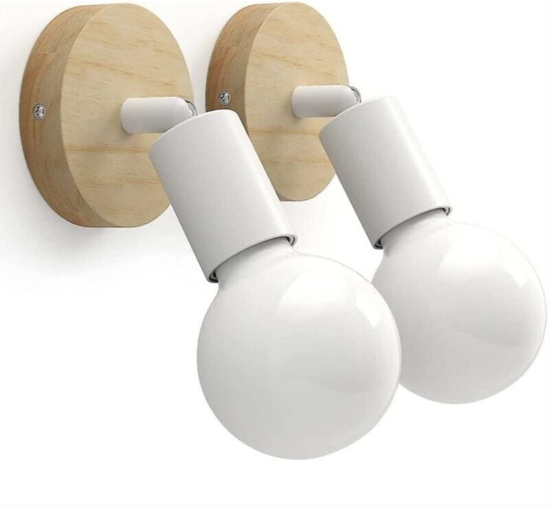 Vintage Holz Wandlampe für den Innenbereich, 180° Drehung, Retro Industrie E27 Wandleuchte (2er Set, Weiß)