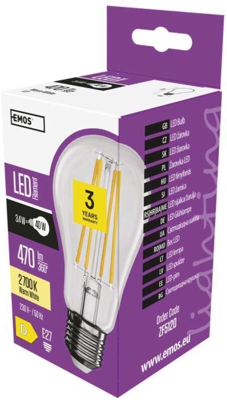 LED-Glühbirne Filament A60 E27 warmweiß 3,4 W