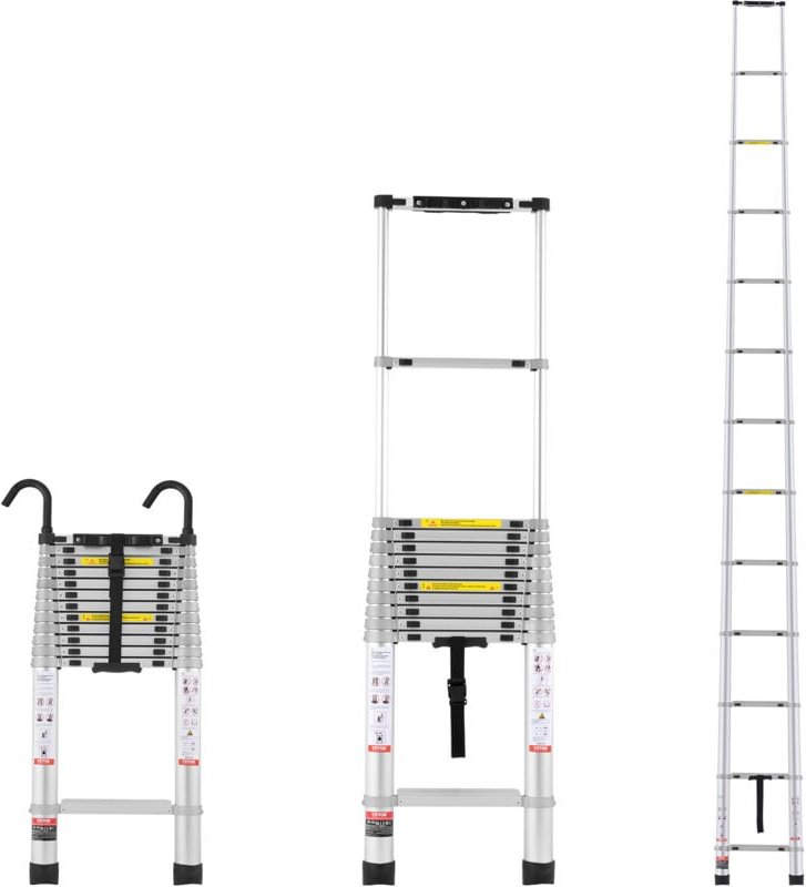 Thumbnail - Teleskopleiter, 5 m, leichte Ausziehleiter aus Aluminium, Klappleiter mit Mehrfach-Einzug, Tragkraft 190 kg, mit rutschf...