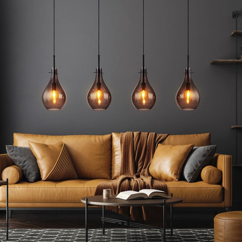 Hängeleuchte Rauchglas Pendelleuchte 4-Flammig Glas Esszimmerlampe hängend, Metall, 4x E14 Fassung, LxBxH 110x18x120 cm