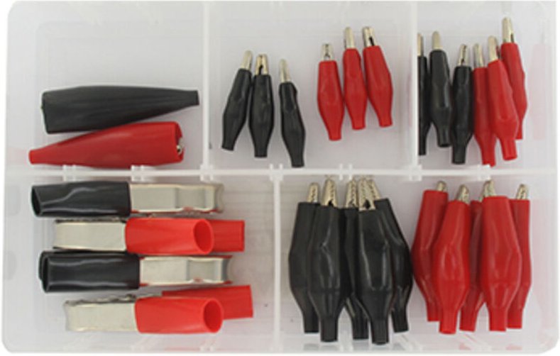 Set aus 22 roten und schwarzen Krokodilklemmen