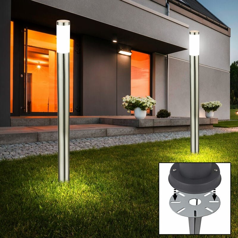 2er Set led Garten Steck Steh Lampen edelstahl Wege Leuchten Erdspieß Terrassen Strahler silber