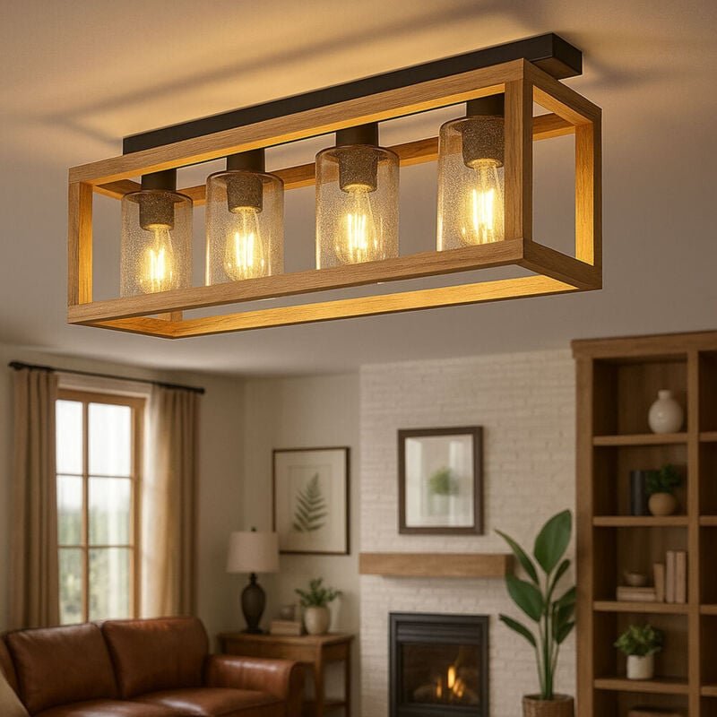 Globo - Deckenlampe Esstisch Retro Deckenleuchte rustikal Landhaus Deckenlampe Wohnzimmer Holz, mdf Glas rauch Metall, 4...