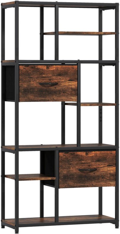 Aufbewahrungsregal, 2 Stoffschubladen, 9 offene Fächer, freistehendes Regal mit Stahlrahmen, Braun+Schwarz