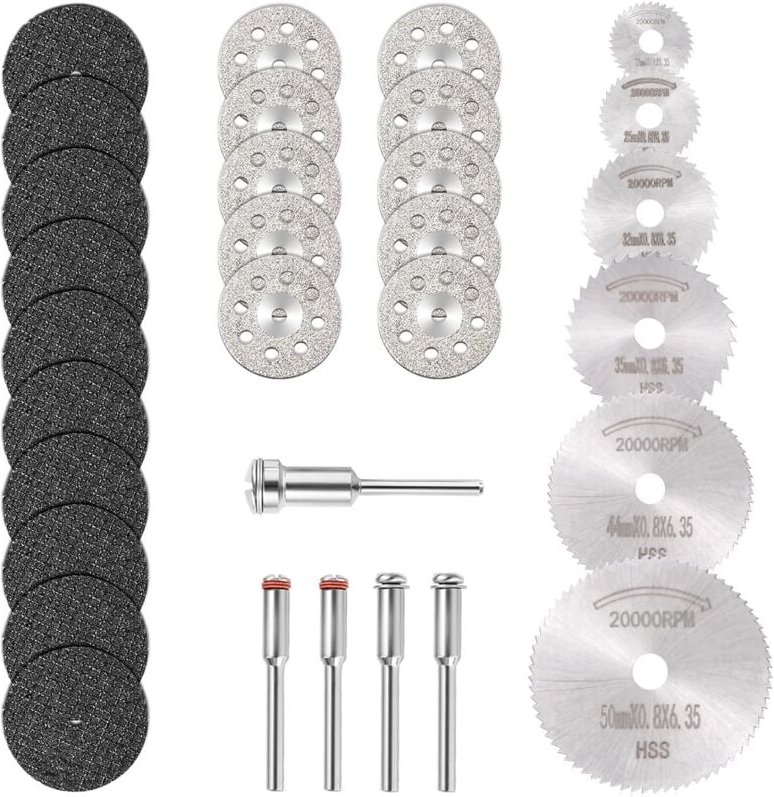 Memkey - Mini-Diamant-Trennscheibe & Mini-HSS-Kreissägeblatt & Mini-Harz-Trennscheibe (3-mm-Dorne) für Holz, Stein, Meta...