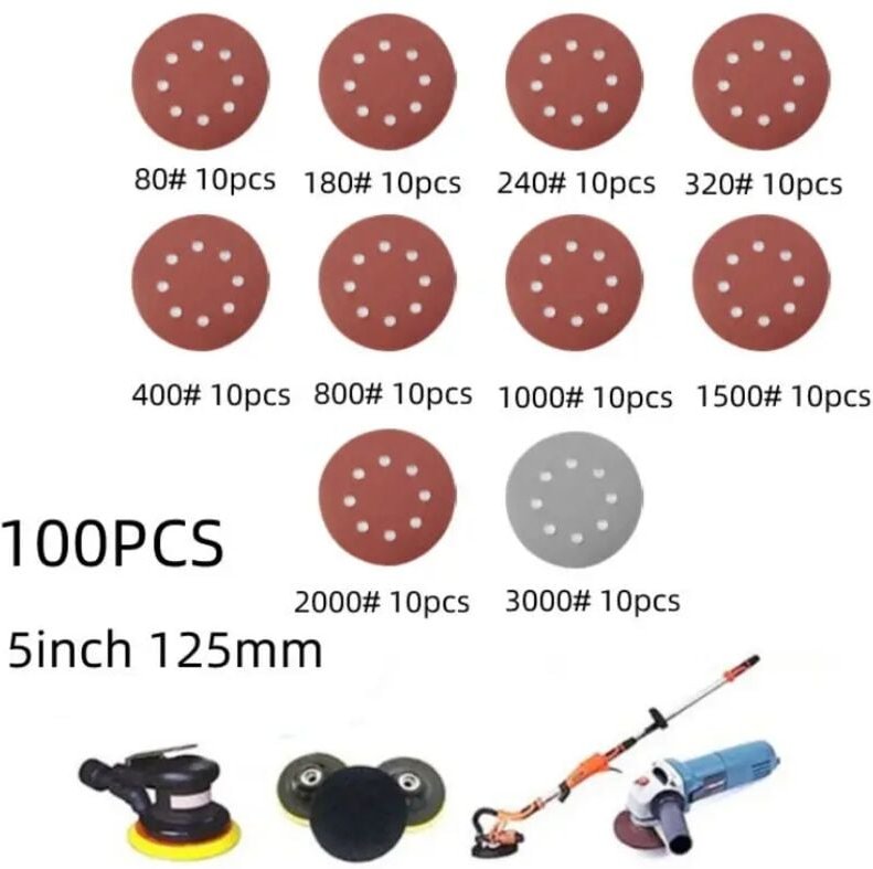 Vtizikl 100pcs 125mm Papier de Verre Rond En Forme De Disques De Ponçage Crochet Boucle Papier Abrasif Polissage Feuille...
