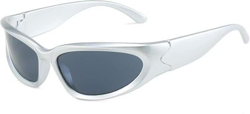 Vintage-Sonnenbrille im Wrap-Around-Stil – futuristische ovale Sonnenbrille im Y2K-Stil, silberfarben, für Damen und Her...