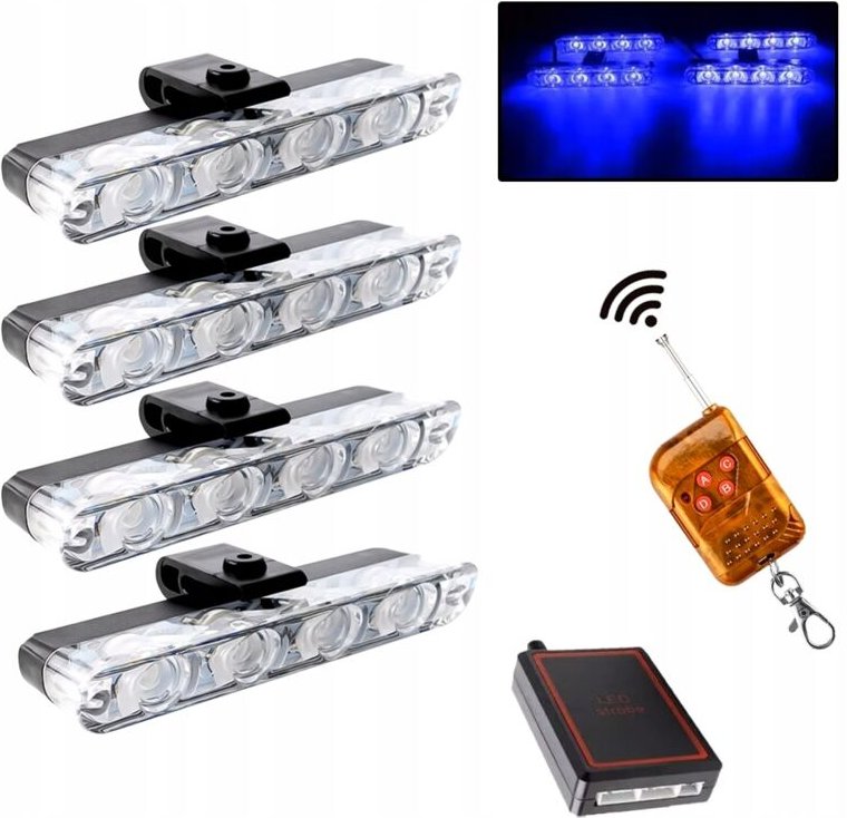 4x LED BLAU BLINKEN WARNLAMPE FERNBEDIENUNG STROBE IN STOSSFÄNGER
