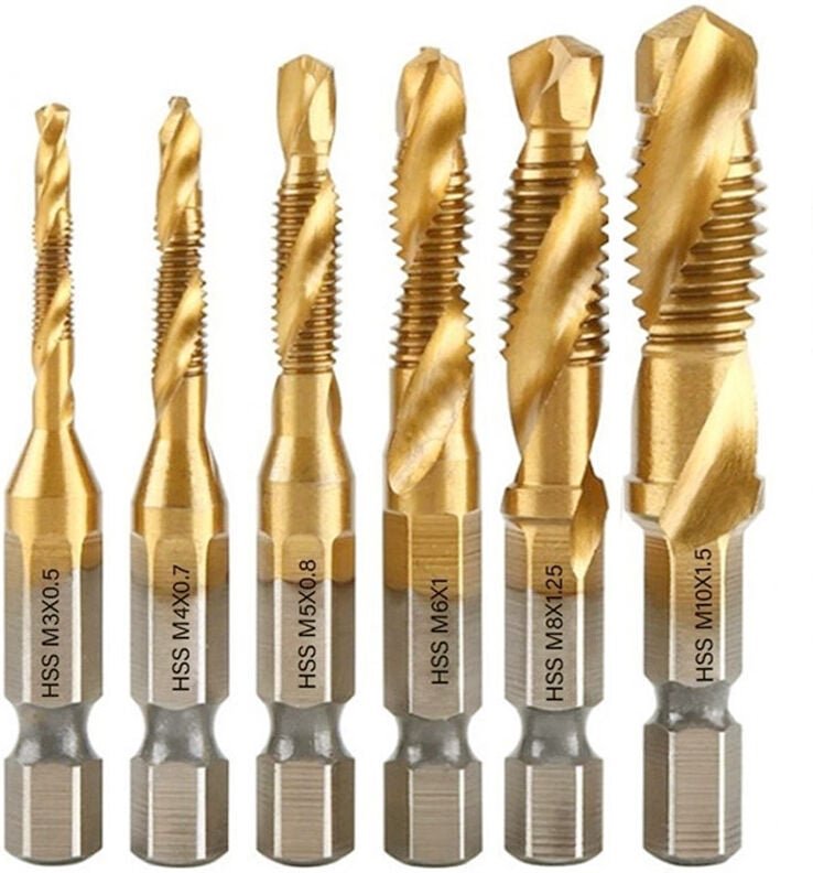 Jalleria - 6-teiliges M3-M10-Kombinationsbohrer- und Gewindebohrer-Set mit metrischem Gewinde, 6,35-mm-Sechskantschaft m...