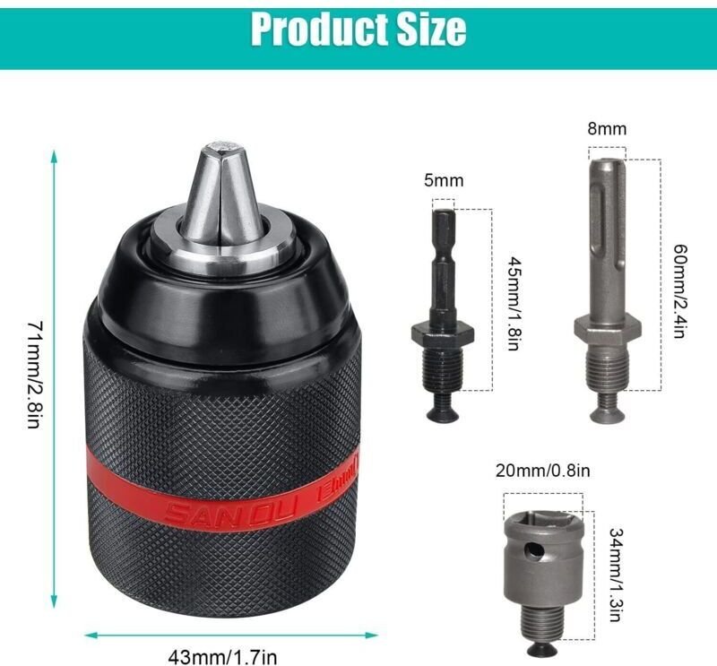 1/2-20 Bohrfutter, selbstspannend 15-13 mm, SDS-Adapter, geeignet für viele Arten von Bohrern