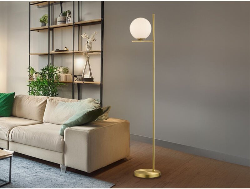 Meinewunschleuchte - Design led Stehleuchte in Messing matt mit Lampenschirm Kugel Opalglas, h: 150cm