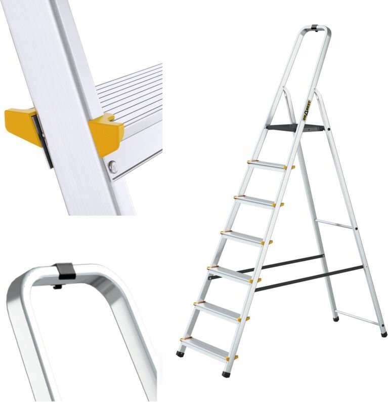 Aluminium-Haushaltsleiter mit Haken, 7 Stufen, Tragkraft 150 kg, DRABEST