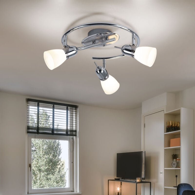 Deckenleuchte 3 Flammig Spotrondell schwenkbar Deckenlampe Glasschirme, Chrom Stahl, 3x E14 led 3W 320Lm warmweiß, d 38 ...