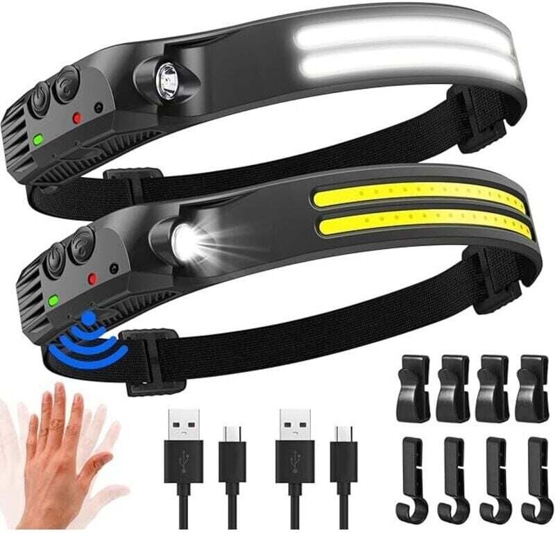 Ultrastarke LED-Stirnlampe, 2000 Lumen, 230°-Ausleuchtung, wiederaufladbare Stirnlampe mit Bewegungssensor über usb, was...