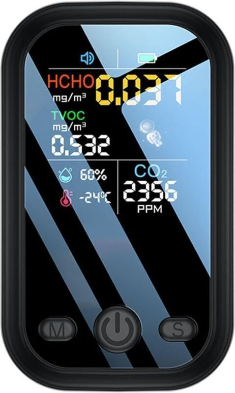 Schwarzer Detektor (8,5 × 5,1 × 1,7 cm), 5-in-1-Luftqualitätsdetektor, Kohlendioxid-Tester für Innenräume, HCHO-TVOC-Tes...