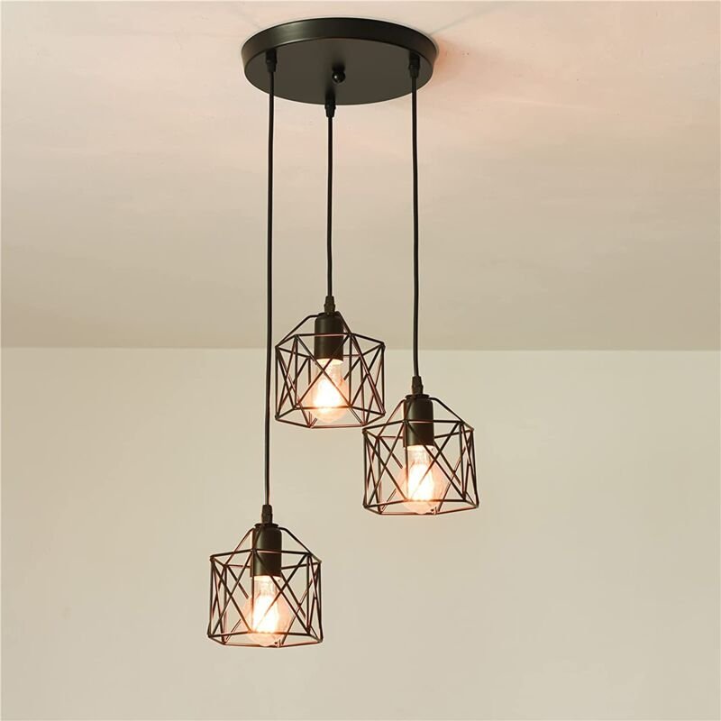 GOECO Hängelampe Vintage 3 Flammige LED, Retro Pendelleuchte mit E27 Fassung Schwarz, Hängeleuchte Industrial Design, Ve...