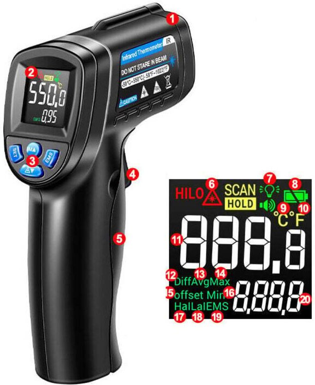 Infrarot-Thermometer, -50 °C bis 550 °C, berührungsloses Laser-Thermometer mit Farb-LCD-Bildschirm für Küche/Reparatur/P...
