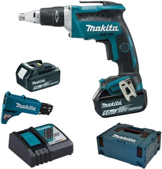 18V Li-Ion 5Ah 5x25-55mm Makita Automatischer Schrauber - 2 Akkus 1 Ladegerät - im Koffer - DFS452TJX2