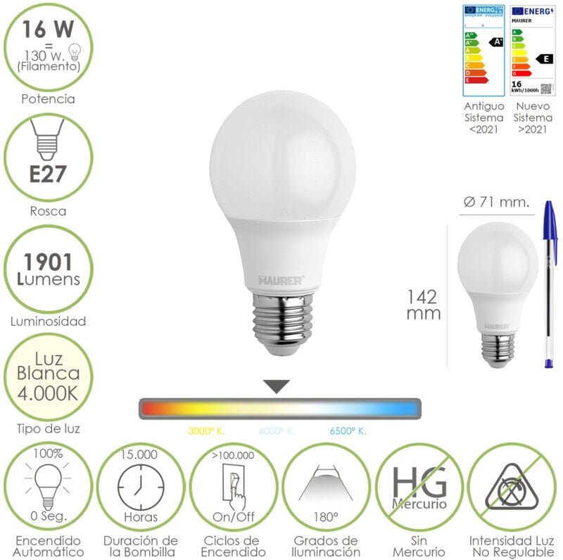 Maurer - Bombilla Led Estandar Rosca E27. 16 Watt. Equivale a 130 Watt. 1901 Lumenes. Luz Blanca 4000º k.)