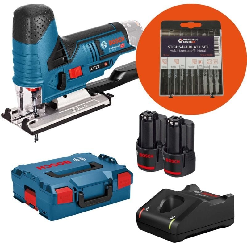 Bosch Akku-Stichsäge GST 12V-70 / 2x 2,0 Ah Akku + Ladegerät + WS24 Stichsägeblatt-Box 10tlg. Holz/Metall in L-Boxx