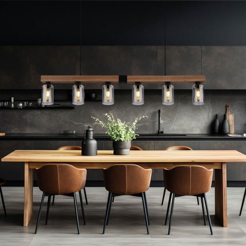 Hängelampe Pendelleuchte Holzoptik Esstischlampe 6 flammig Wohnzimmer, Rauchglas Metall schwarz, 6x E27, LxH 140x120 cm