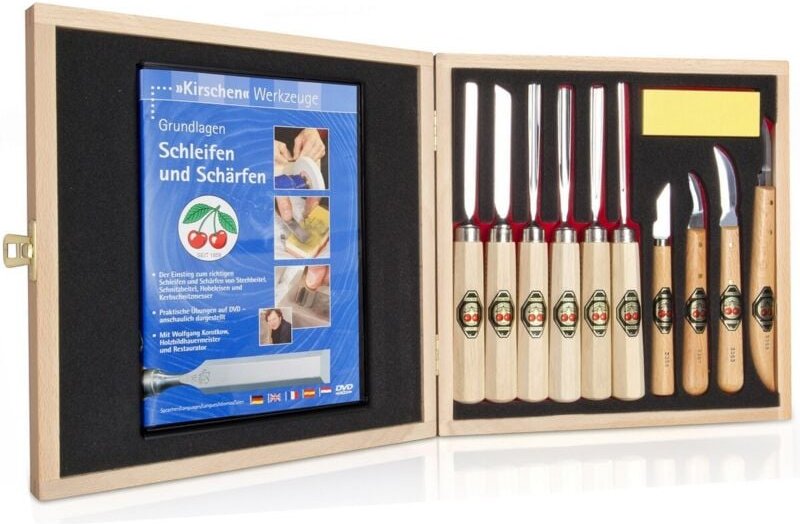 Kerbschnitzsatz 12 tlg. mit dvd im Holzkasten 3442 hk Schnitzwerkzeug - Kirschen