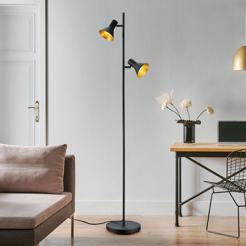 Stehlampe Wohnzimmer Gelenkleuchte Deckenfluter Stehleuchte schwarz gold mit Fußschalter, Metall, verstellbar, 2x E14, B...