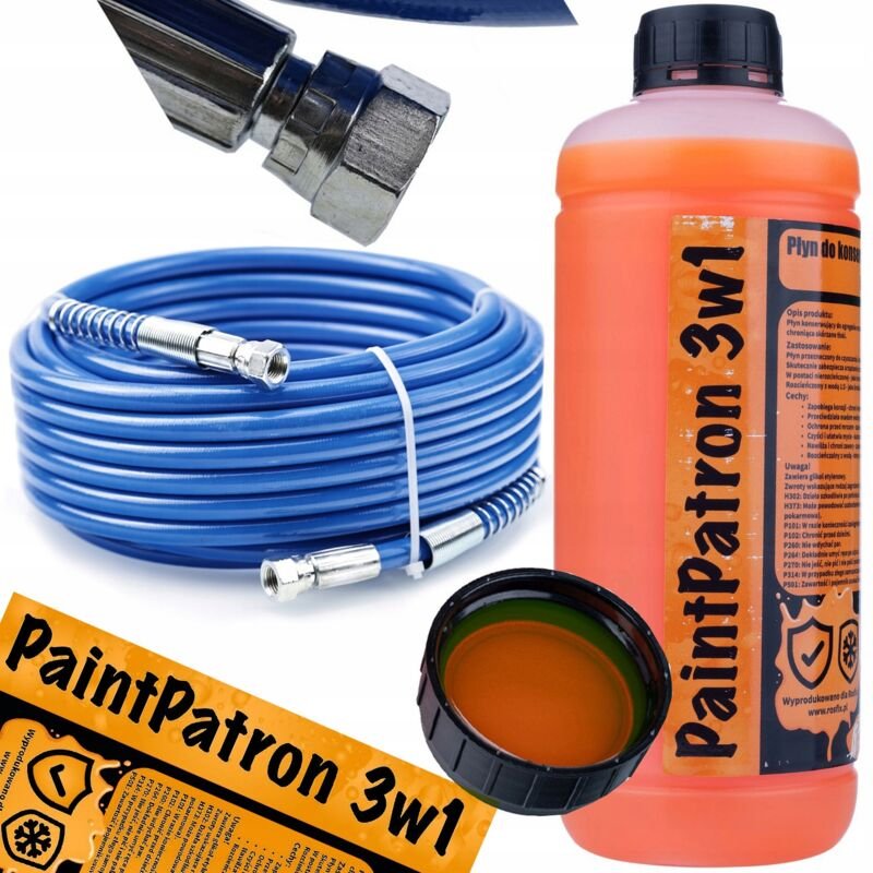 Rosfix TPU-Faser-Farbspritzschlauch 30 m blau + Rosfix PaintPatron 3in1 1L Wartungs- und Reinigungsflüssigkeit für das F...